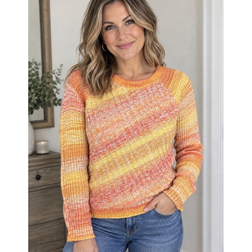 Free People Women's Sweater Pullover MED Orange/Yellow Marbled Sunset